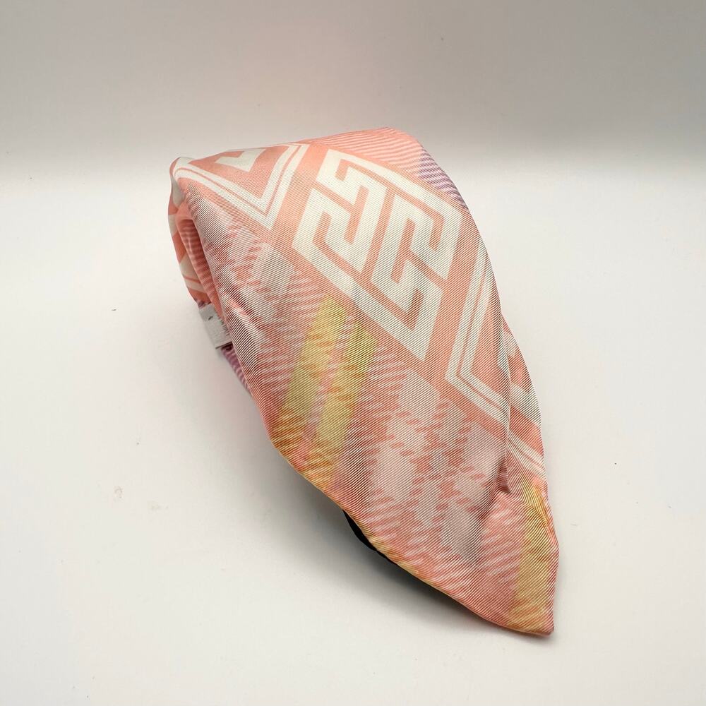 Gianni Versace Vintage Pastels Pink Silk Greek Key Plaid Print Neck Tie READ